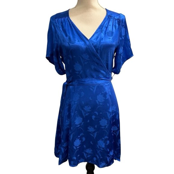 Shore Wrap Mini Dress Womens M Blue Satin Embossed Floral Y2K Vacation Resort - Picture 1 of 13